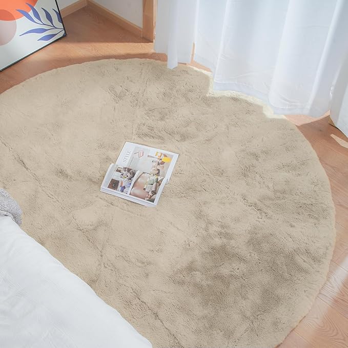 ORINOVA Camel Plush Shag Faux Rabbit Washable Fuzzy Fur Rugs for Living Room Bedroom Kids Circle Small Nursery Area Rug Round Rug 3ft