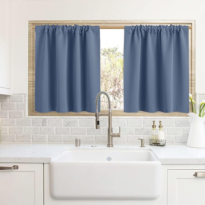 RYB HOME Cafe Blackout Curtains 24 inch Length, RV Curtains for Camper Windows, Mini Short Small Insulating Light UV Blocking Privacy Half Window Tiers, Width 42 by Length 24, Stone Blue, 2 Panels
