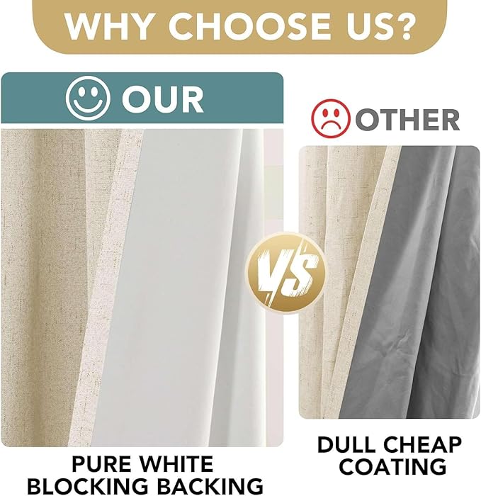 H.VERSAILTEX Linen Curtains 100% Blackout Curtains for Bedroom 90 inch Long Full Light Blocking Nature Linen Blended Window Curtains for Living Room Nickel Grommet (2 Panels, Bleached Sand)