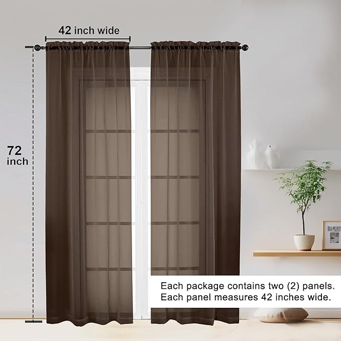 OWENIE Sheer Curtains 72 Inches Long 2 Panels Set, Light Filtering Sheer Curtain Rod Pocket Clear Drapes for Living Room Bedroom Window Sliding Door, Each 42 x 72 Inch, Chocolate