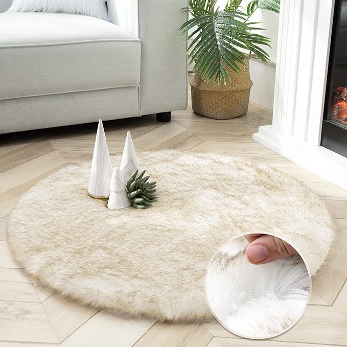 Ashler HOME DECO Soft Fox Faux Fur Chair Couch Cover Area Rug for Bedroom Floor Sofa Living Room White Brown 3 x 3 Feet Round