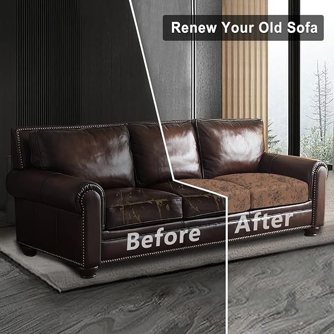 Leather Look Couch Cushion Covers Sofa Seat Slipcovers Sets Couches Furniture Protector for Sectional Armchair Loveseat Pets Kids Stretch Spandex Fabric (3 Cushion Sofa, Brown 02Flower)