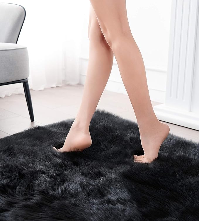 Ciicool Faux Sheepskin Rugs Soft Faux Fur Rugs Black Fluffy Chair Couch Cover Fuzzy Rug for Bedroom Floor Sofa Living Room 2x3 Feet