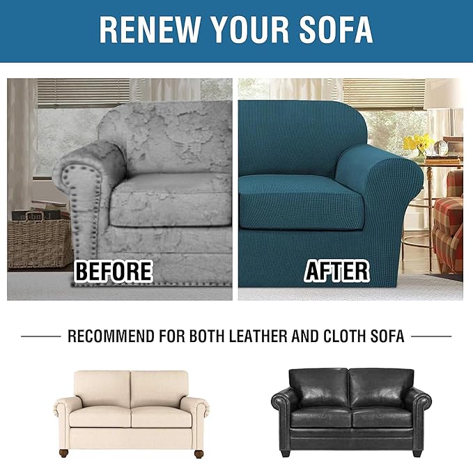 H.VERSAILTEX 3 Piece Stretch Sofa Covers for 2 Cushion Sofa Couch Covers for Living Room Sofa Slipcovers (Base Cover Plus 2 Seat Cushion Covers) Thicker Jacquard Fabric(Large Sofa, Deep Teal)
