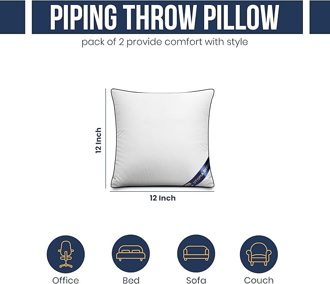 Utopia Bedding Throw Pillow Inserts (Pack of 2, White), 12 x 12 Inches Decorative Indoor Pillows for Sofa, Bed, Couch, Cushion Sham Stuffer