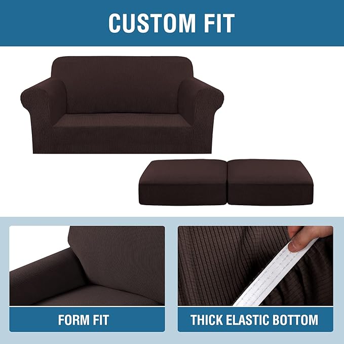 H.VERSAILTEX 3 Piece Stretch Sofa Covers for 2 Cushion Loveseat Couch Covers for Living Room Sofa Slipcovers (Base Cover Plus 2 Seat Cushion Covers) Thicker Jacquard Fabric(Medium Sofa, Chocolate)