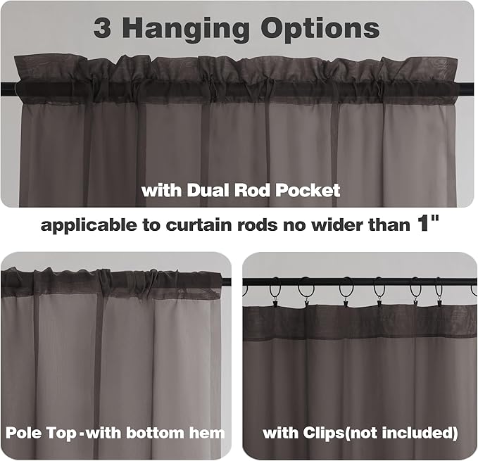 Chyhomenyc Chocolate Brown Sheer Curtains 54 Inch Long 2 Panels, Light Filtering Rod Pocket Voile Short Curtains Drapes for Living Room Bedroom Small Windows, 42Wx54L Inches