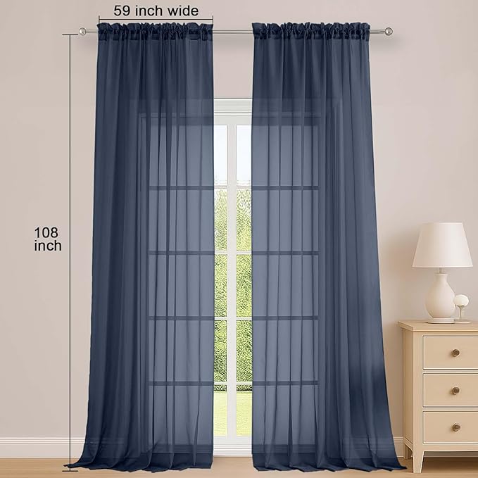OWENIE Sheer Navy Blue Curtains 108 Inches Long for Living Room Bedroom 2 Panels Set, Lightweight Airy Navy Blue Sheer Curtain, Filmy Voile Rod Pocket, 2 PCS, Each 59" W x 108" L