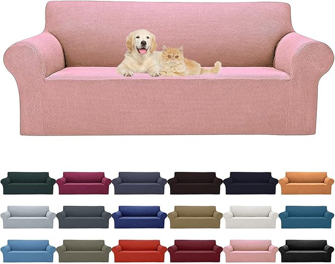 Cupuamon 2026 New Stretch Sofa Slipcovers Couch Cover for 3 Cushion Furniture Protector Sofa Covers with Elastic Bottom Jacquard Fabric Small Checks for Pets, Kids -Sofa, Dusty Pink