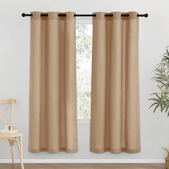 NICETOWN Camel Thick Linen Curtains 72" Length, Grommet Privacy Window Treatments Linen Weave with Light Penetration Vertical Drapes for Farmhouse/Home Office, W42 x L72, 2 Panels