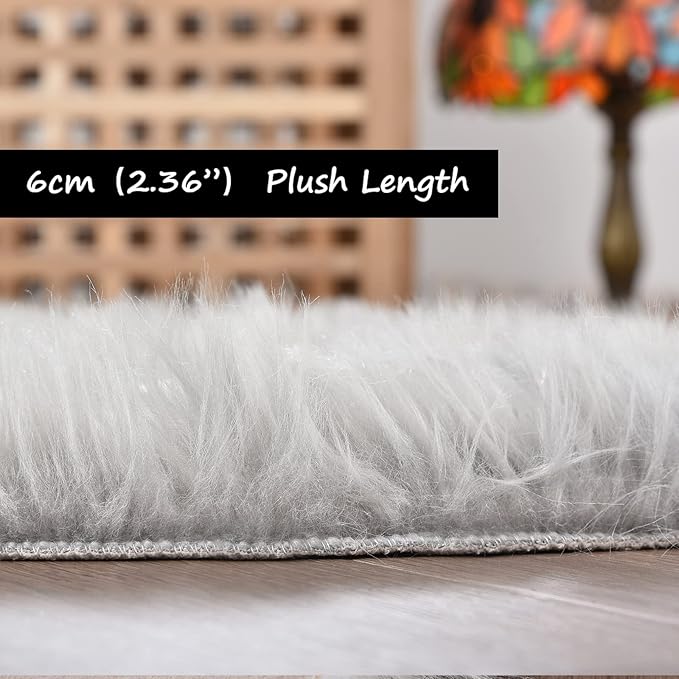 Goolela Grey Fluffy Fuzzy Furry Rug 2x6 for Bedroom Bedside Runner Faux Sheepskin Fur Shaggy Soft Plush Rectangle
