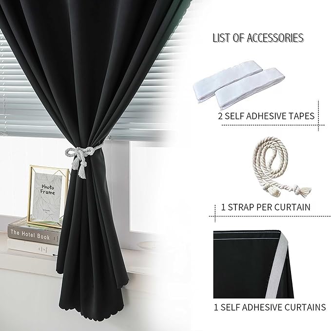 Adhesive Blackout Curtains- Self Stick Curtain No Rod Needed Easy to Hang Curtain, Use for Bedroom, Living Room, Dining Room, Kitchen, 47" W X 96" L, Black, 1 Panel