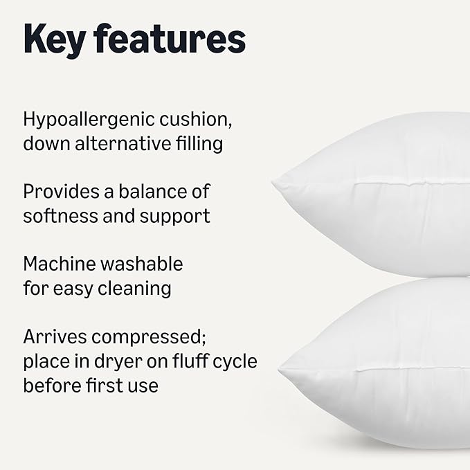 Amazon Basics Square Hypoallergenic Pillow Insert, Down Alternative Fiberfill, Sofa Bed Couch Decorative Stuffer, 18", 2-Pack
