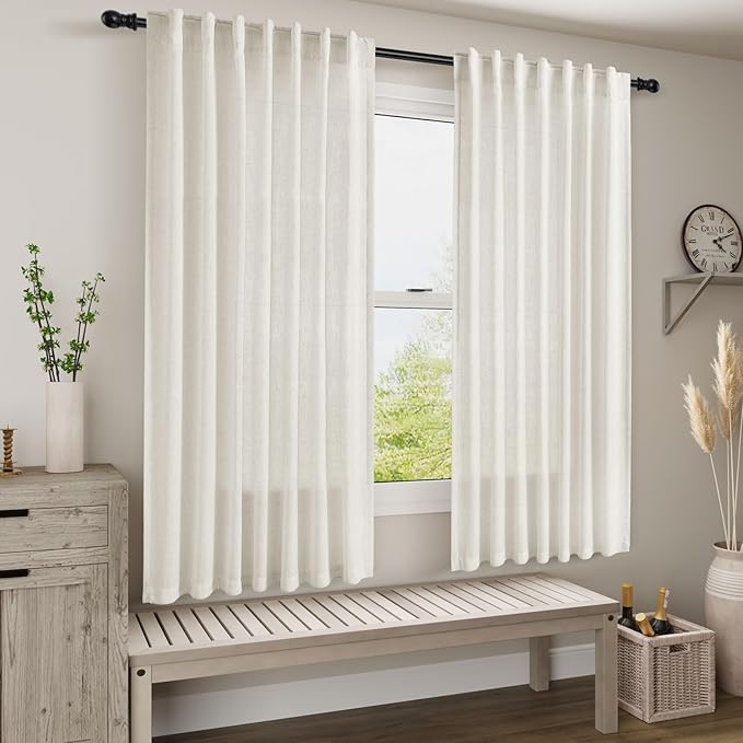 Cream Linen Back Tab Curtains 63 Inch Length for Living Room 2 Panel Set Neutral Modern Farmhouse Window Curtain Privacy Semi Sheer Linen Drapes Rustic Pinch Pleated Look Curtain Natural Ivory