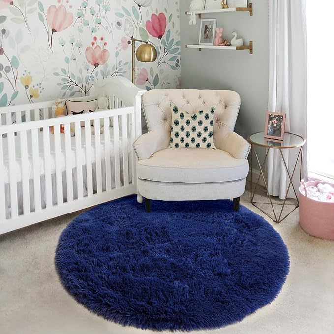 Amdrebio Navy Blue Small Round Rug 3Ft for Boys Room Bedroom, Circle Area Rugs for Kids Room, Living Room Decor Aesthetic, Fluffy Shag Fur Throw Royal Dark Blue Carpet for Dorm Playroom Baby Nursery