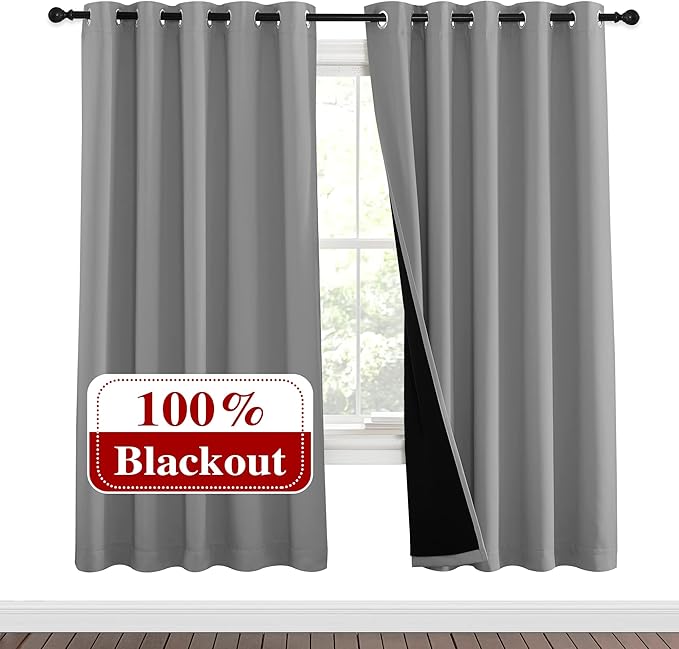 NICETOWN Full Shade Curtain Panels, Pair of Energy Smart & Noise Blocking Out Blackout Drapes for Dining Room Window, Thermal Insulated Guest Room Lined Window Dressing(Silver Grey, 62 x 72 inch)