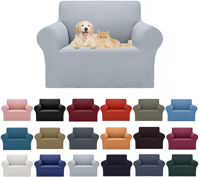 Cupuamon 2026 New Stretch Chair Sofa Slipcovers Couch Cover for 1 Seater Furniture Protector Sofa Covers with Elastic Bottom Jacquard Fabric Small Checks for Pets, Kids - Silver