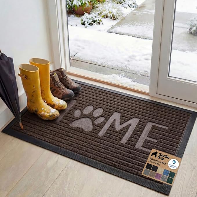 GORILLA GRIP 100% Waterproof All-Season WeatherMAX Doormat, 47x35, US Designed Natural Rubber, Stain and Fade Resistant, Low Profile Indoor Outdoor Door Mats, Easy Clean Patio Mat, Espresso Home Paw