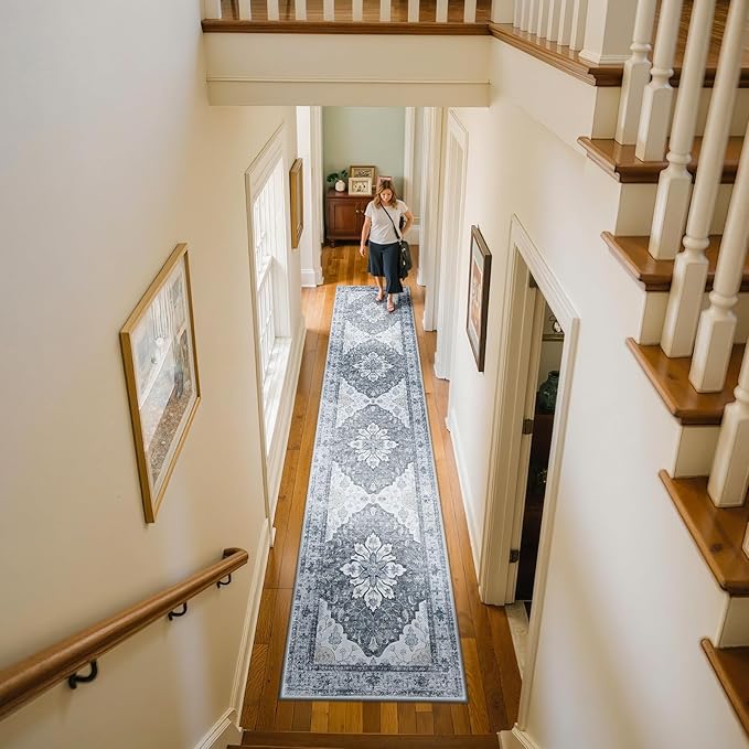 RELEANY Area Rugs 2'x10' Runner Rug Non Slip Washable for Kitchen Hallway Bedroom Beside Laundry Room Bathroom Rug, Floor Carpet, Light Gray Grey White