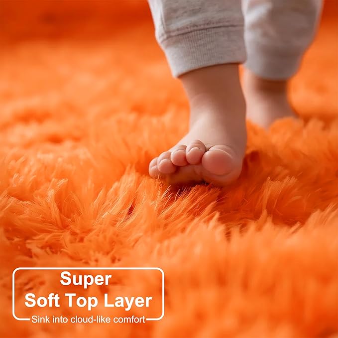 Amdrebio Orange Round Circle Rug 4Ft for Bedroom Living Room, Fluffy Fuzzy Area Rugs for Kids Room Decor Aesthetic, Cute Furry Plush Shag Carpet for Toddler Teen Girls Boys Baby Nursery Dorm Playroom