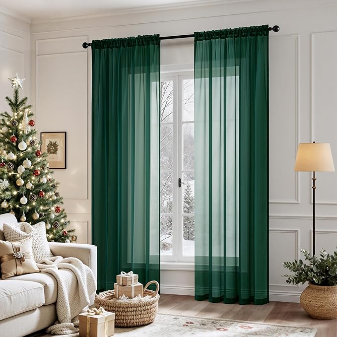 MIULEE 2 Panels Christmas Solid Color Sheer Window Curtains Elegant Window Voile Panels/Drapes/Treatment for Bedroom Living Room (54X90 Inches Hunter Green)