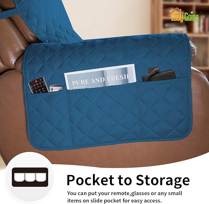 Easy-Going Oversized Recliner Cover Reversible Couch Cover Sofa Cover for Living Room Water Resistant Furniture Protector with Elastic Straps for Pets Dog(Oversized Recliner, Peacock Blue/Beige)