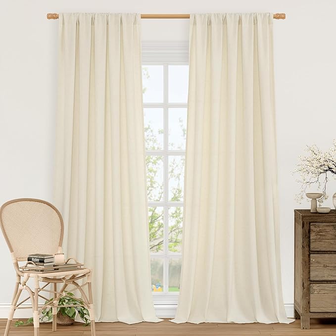 LAMIT Natural Light Beige Linen Curtains 84 inch Long 2 Panels, Soft Thick Linen Blended Light Filtering Living Room Panels Rod Pocket Neutral Drapes for Bedroom/Farmhouse, 52 x 84 Inch