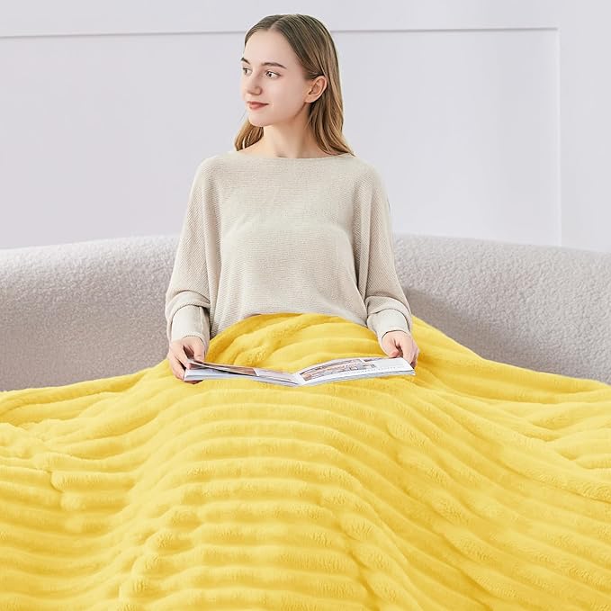 BEDELITE Twin Blanket for Couch & Bed, 300GSM Soft & Warm Fleece Blanket, Decorative and Giftable Striped Custard Yellow Blankets for Women, Men, 60"x80"