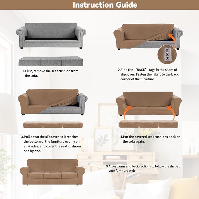 WEERRW 4 Pieces Polyester and Spandex High Stretch Couch Covers for 3 Cushion Couch Sofa Slipcovers, Furniture Protector with Non Slip Elastic Bottom, Feature Soft and Thick Plush Fabric, Camel, Large