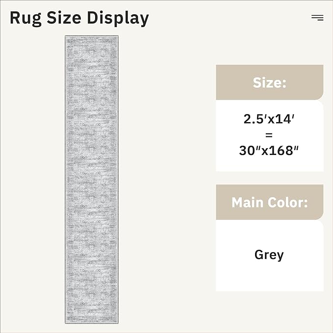 Runner Rug 2'6" x 14' Washable Non-Slip Runner Rugs for Kitchen Bathroom Laundry Room Vintage Ultra Thin Runners for Hallway Entryway Grey