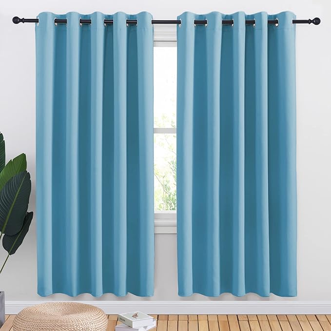 NICETOWN Bedroom Curtains Blackout Drapery Panels, 2 Panels, 70 x 72 inches, Teal Blue, Three Pass Microfiber Thermal Insulated Solid Ring Top Blackout Window Curtains/Drapes