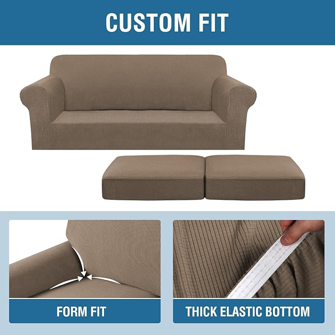 H.VERSAILTEX 3 Piece Stretch Sofa Covers for 2 Cushion Sofa Couch Covers for Living Room Sofa (Base Cover Plus 2 Seat Cushion Covers) Thicker Jacquard Fabric (Large Sofa, Macchiato)