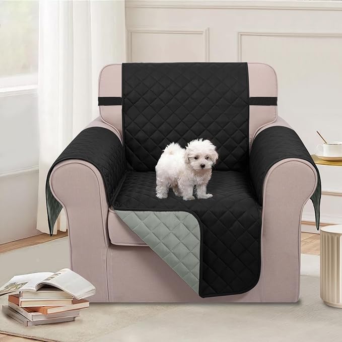 U-NICE HOME Recliner Chair Covers Reversible Chair Cover for Dogs with Elastic Straps Water Resistant Diamond Quilted (23''Armchair, Black/Grey)