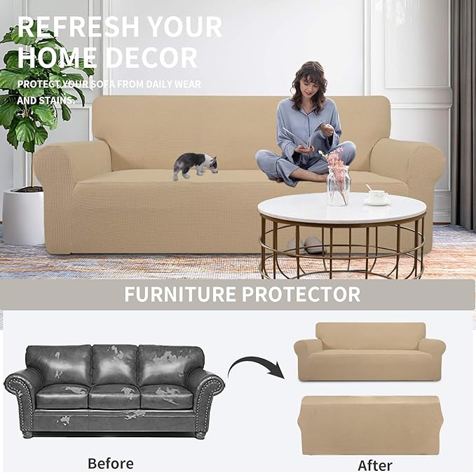 Easy-Going Stretch Chair Sofa Slipcover 1-Piece Couch Sofa Cover Furniture Protector Soft with Elastic Bottom for Kids, Pet. Spandex Jacquard Fabric Small Checks (Chair, Sand)