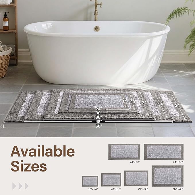 48x24 Long Bathroom Rugs Washable Non Slip, Light Grey Bath Mat for Bathroom Floor Tub, Soft Absorbent Quick Dry Mats for Shower, Bathtub,Home Decor