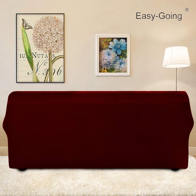 Easy-Going Stretch Sofa Slipcover 1-Piece Sofa Cover Furniture Protector Couch Soft with Elastic Bottom for Kids, Polyester Spandex Jacquard Fabric Small Checks (Sofa, Wine)