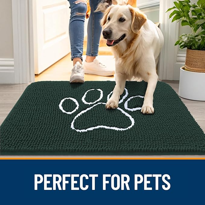 OLANLY Dog Door Mat for Muddy Paws 24x16, Paw Print Design, Absorbs Moisture and Dirt, Absorbent Non-Slip Washable Doormat, Quick Dry Chenille Mud Mat, Entry Indoor Entryway Carpet, Blackish Green