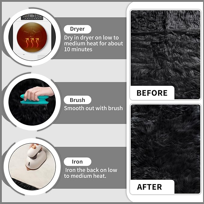 Ciicool Faux Fur Rug Black Fluffy Area Rugs for Bedroom, Thick Fuzzy Shag Rug Furry Bedside Nursery Rug for Living Room Plush Indoor Floor Carpet for Kids Room Teen Dorm, 3x5 ft