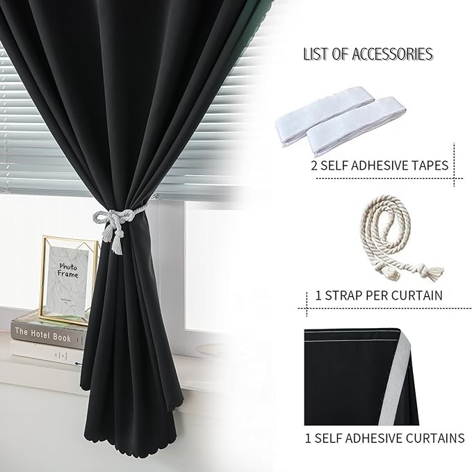 Adhesive Blackout Curtains- Self Stick Shades Window Blinds Curtains No Rod Needed Easy to Hang Curtains, Use for Bedroom, Living Room, Dining Room, Kitchen, Home Office, 35"W X 79"L, Black, 1 Panel