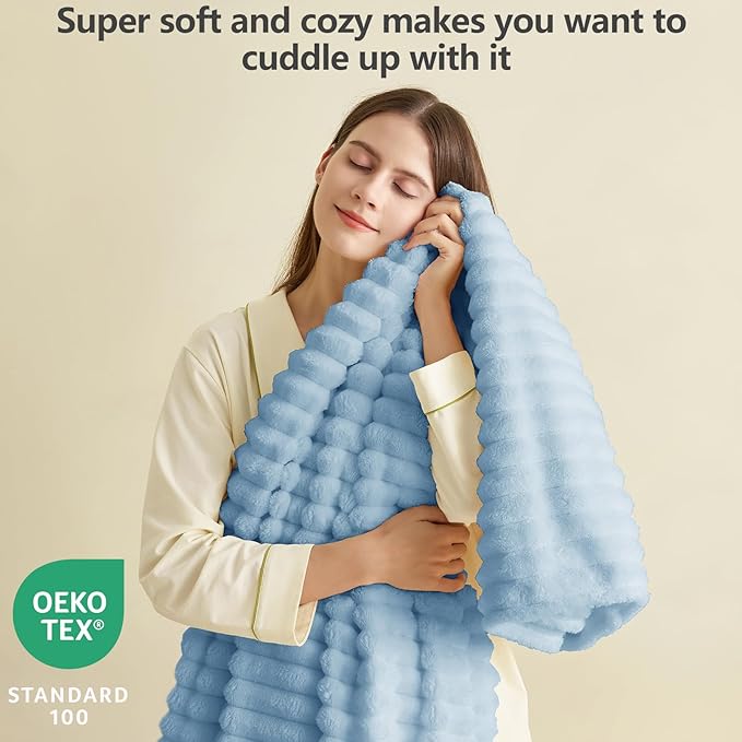 HIMEET Light Blue Ribbed Twin Blanket for Bed - 300GSM Lightweight Fleece Blanket for Men Women, Blankets Graduation Birthday Gifts, Striped Spring Home School Dorm Decor, Light Blue, 60x80 Inches