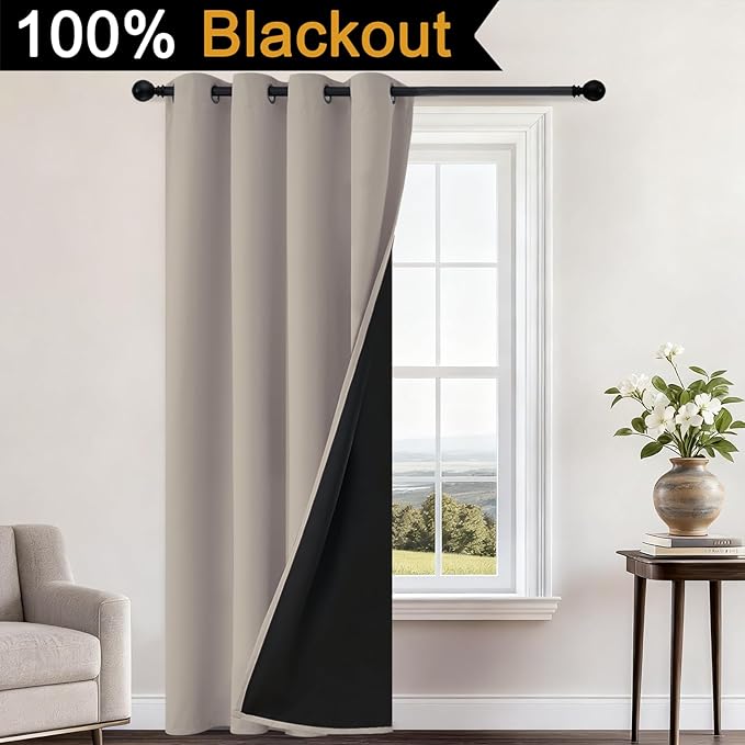 Yakamok 100% Blackout Curtains 96 Inches Long, 2 Thick Layers Heat and Full Light Blocking Soft Thermal Insulated Drapes for Bedroom(52" Wide Each Panel, Natural, 1 Panel)