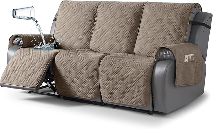 TAOCOCO 100% Waterproof Recliner Sofa Covers, Non Slip Split Couch Covers for Reclining Couches with Elastic Strap, Washable Reclining Sofa Cover Furniture Protector (3 Seater, Gray Taupe)