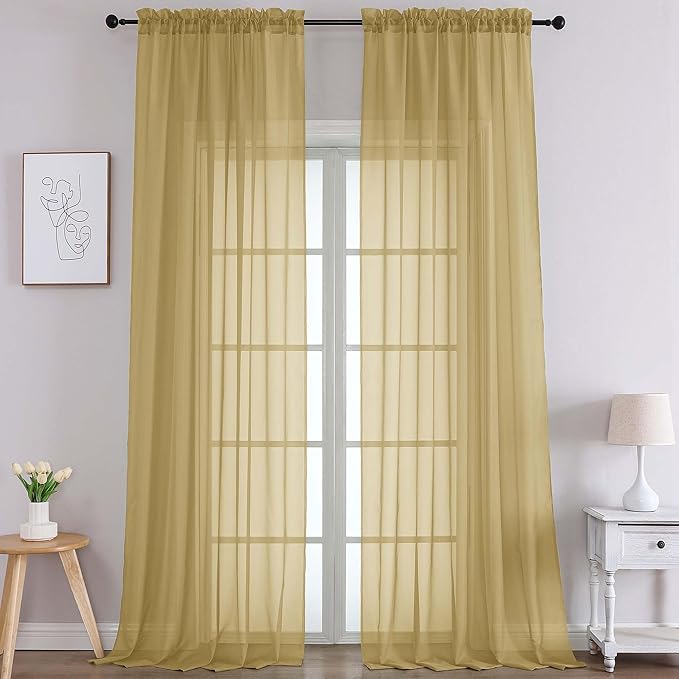 Chyhomenyc Extra Long Gold Sheer Curtains 108 Inches Long 2 Panels, Light Filtering Gold Curtains for Living Room, Soft Gentle Voile Rod Pocket Bedroom Window Drapes, 59Wx108L Inch, 9FT, 2PCS