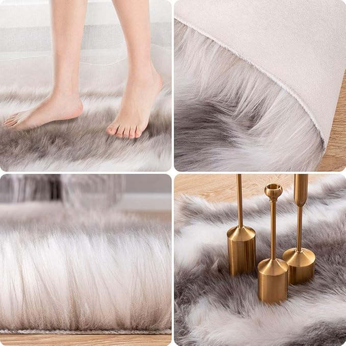 Carvapet Soft Fur Rugs Fake Reindeer Hide Area Rug Fluffy Faux Fur Carpet for Bedroom Floor Mat Home Decorative Throw Rug for Living Room, 3ft x 3ft, Grey