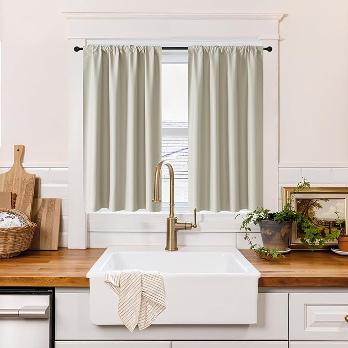 RYB HOME 100% Blackout Short Curtains for Small Window, Thermal Insulated Total Room Darkening Noise Reducing Curtains for Kitchen Bathroom Basement, 42 inches Wide by 36 inches Long, Natural