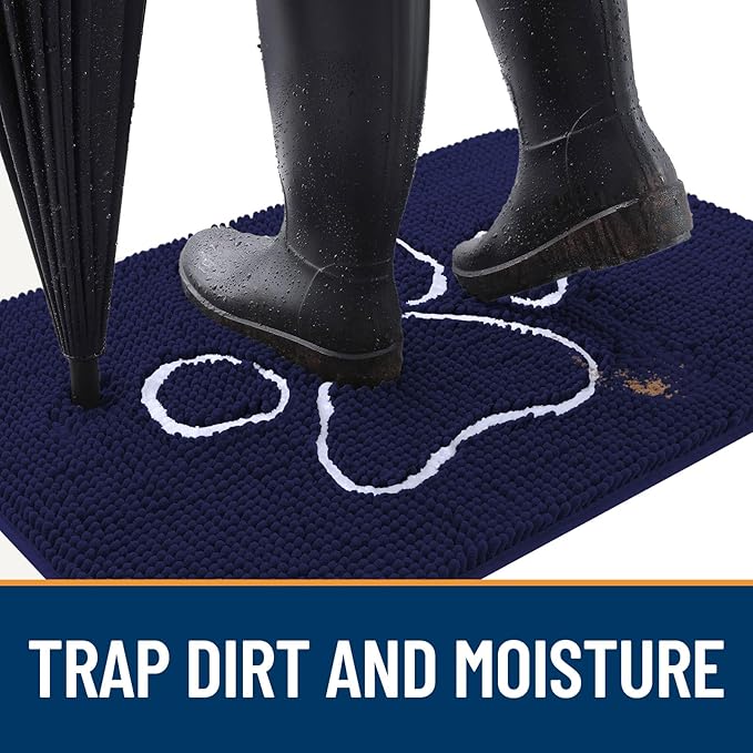 OLANLY Dog Door Mat for Muddy Paws 30x20, Paw Print Design, Absorbs Moisture and Dirt, Absorbent Non-Slip Washable Doormat, Quick Dry Chenille Mud Mat for Dogs, Entry Indoor Entryway Carpet, Navy Blue