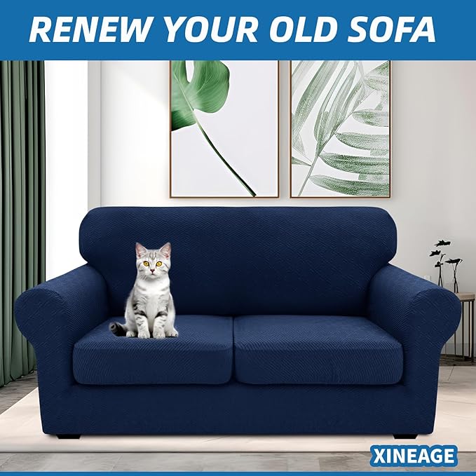XINEAGE 2026 New 3 Pieces Couch Covers for 2 Cushion Sofa Super Stretch Loveseat Slipcover Pet Dog Universal Slip Cover Anti Slip Love Seat Furniture Protector (Navy Blue, 55"-69")