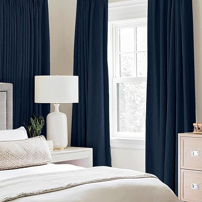 MIULEE 90 Inches Linen Textured Curtains for Bedroom 100% Blackout Thermal Insulated Midnight Blue Grommet Room Darkening Curtains & Drapes Luxury Decor for Living Room Nursery 52 x 90 Inch (2 Panels)