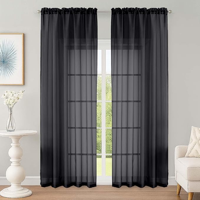 OWENIE Black Sheer Curtain 90 Inches Long 2 Panels Set, Solid Filmy Drapes for Living Room Bedroom, Elegant Window Voile Sheer Curtain Panels Drapes, 2 Pcs, Each 59W x 90L Inch