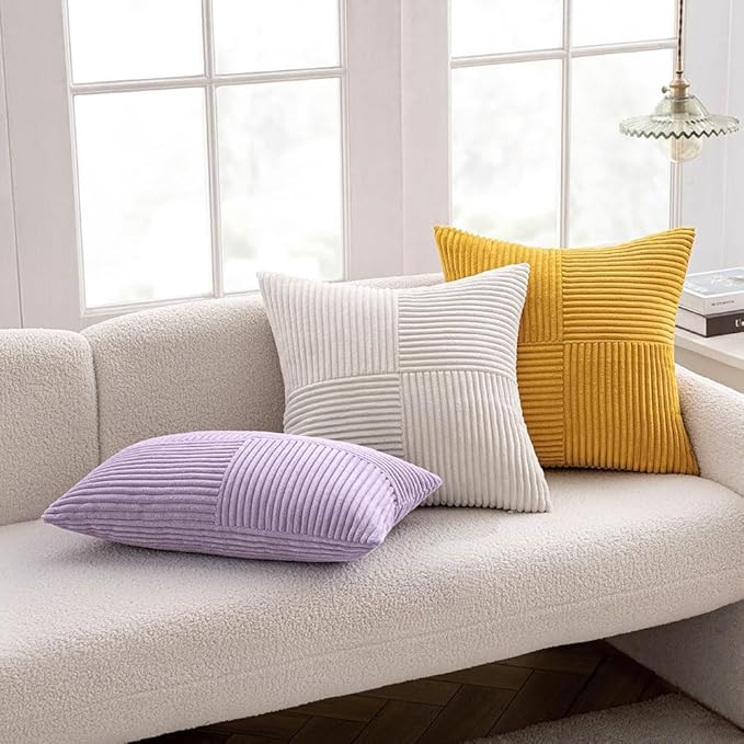 MIULEE Purple Decorative Throw Pillow Covers 18x18 Inch for Couch Bed Sofa Pack of 2 Lavender Boho Farmhouse Throw Pillows Soft Cross Corduroy Patchwork Textured Cushion Cases